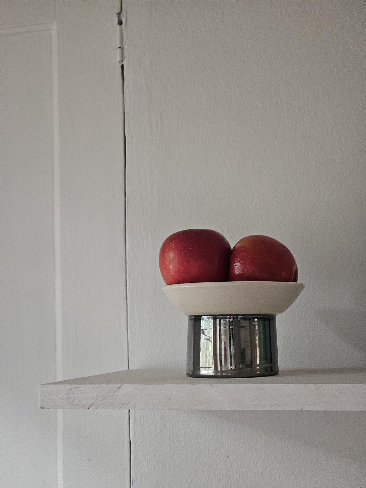 Handmade Ceramic Pedestal Dish: Chrome & Cream Footed Bowl