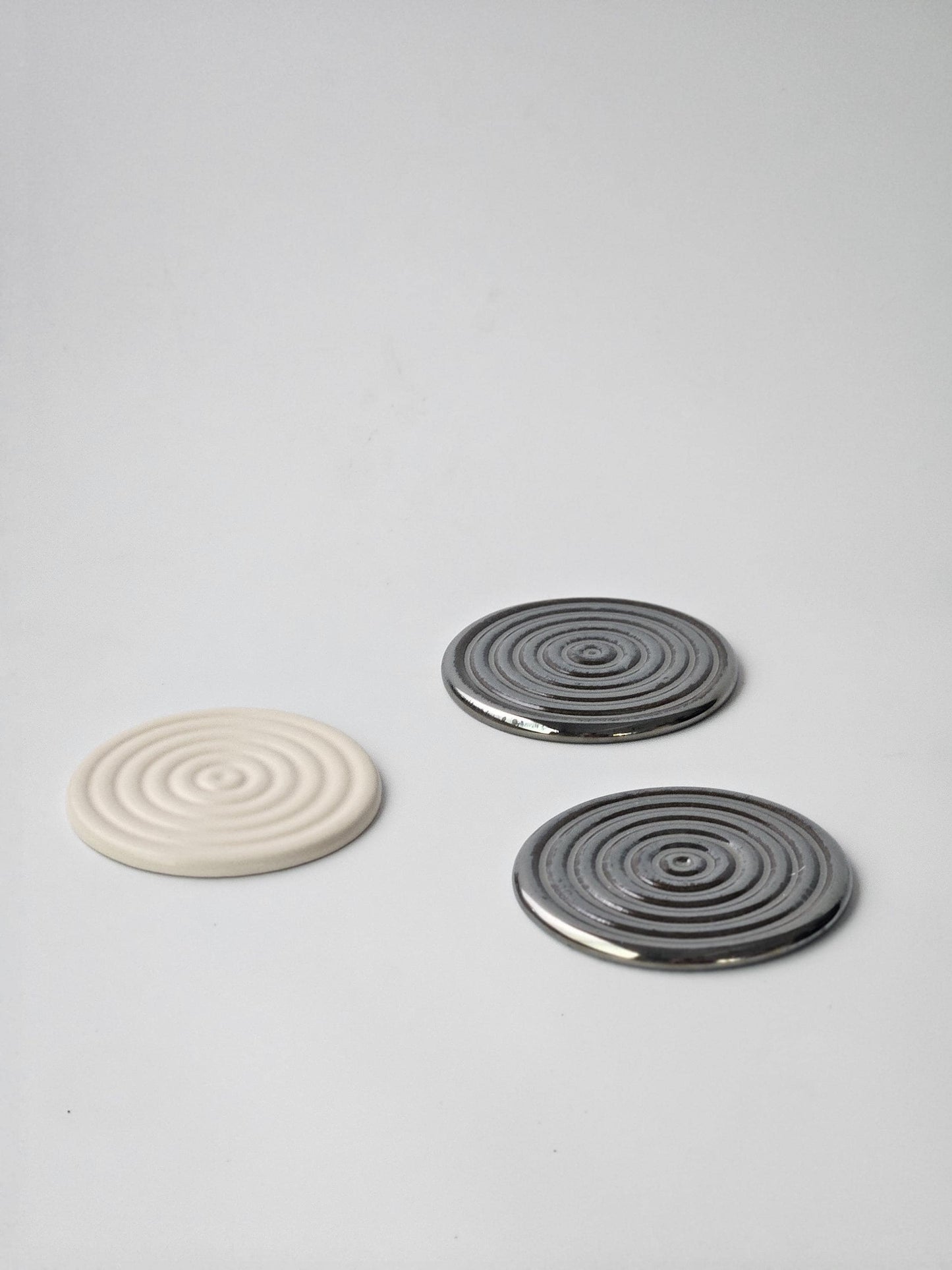Handmade Ceramic Spiral Coaster: Chrome Cream Jewelry Tray