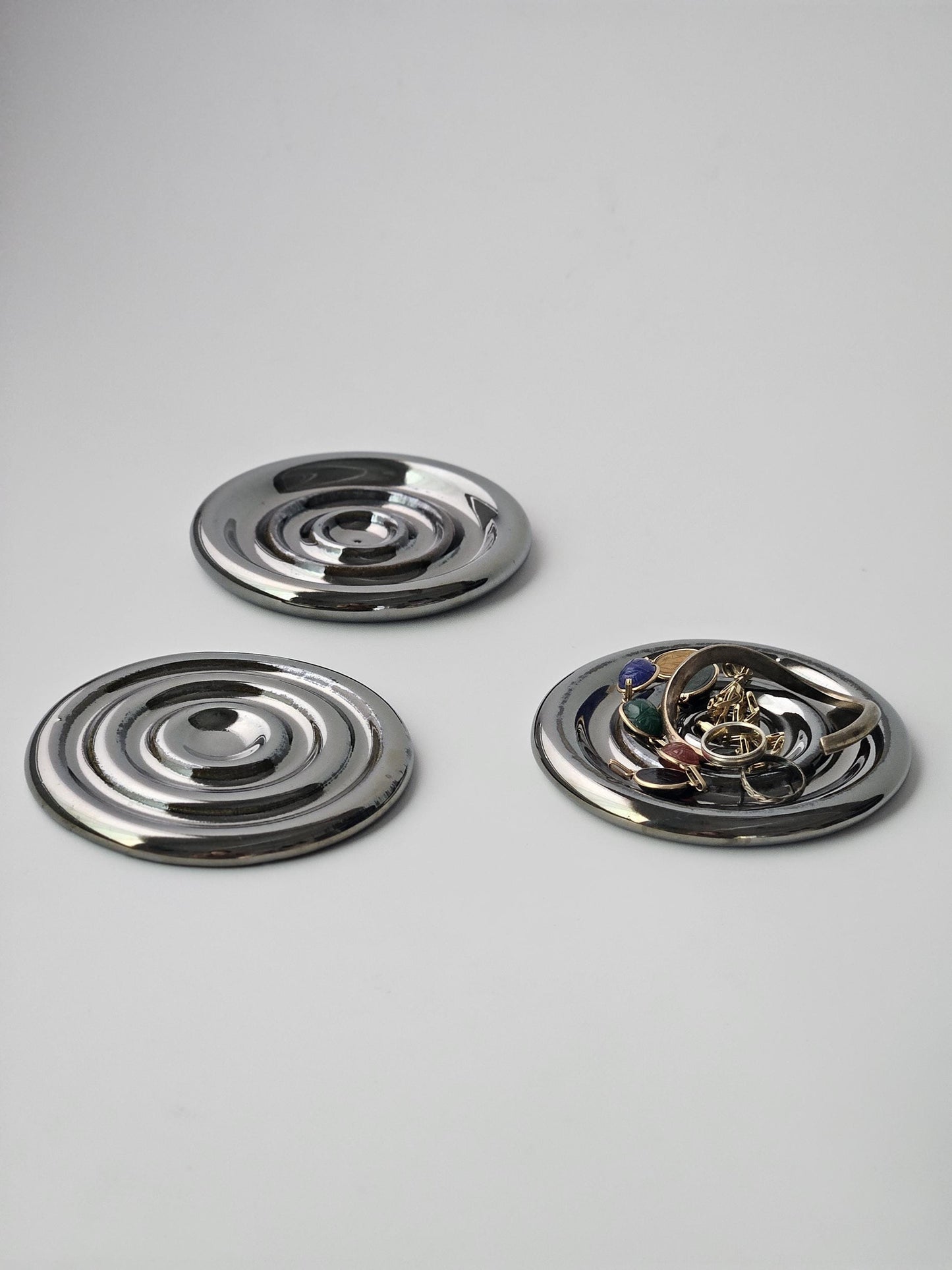 Handmade Ceramic Spiral Coaster: Chrome Cream Jewelry Tray