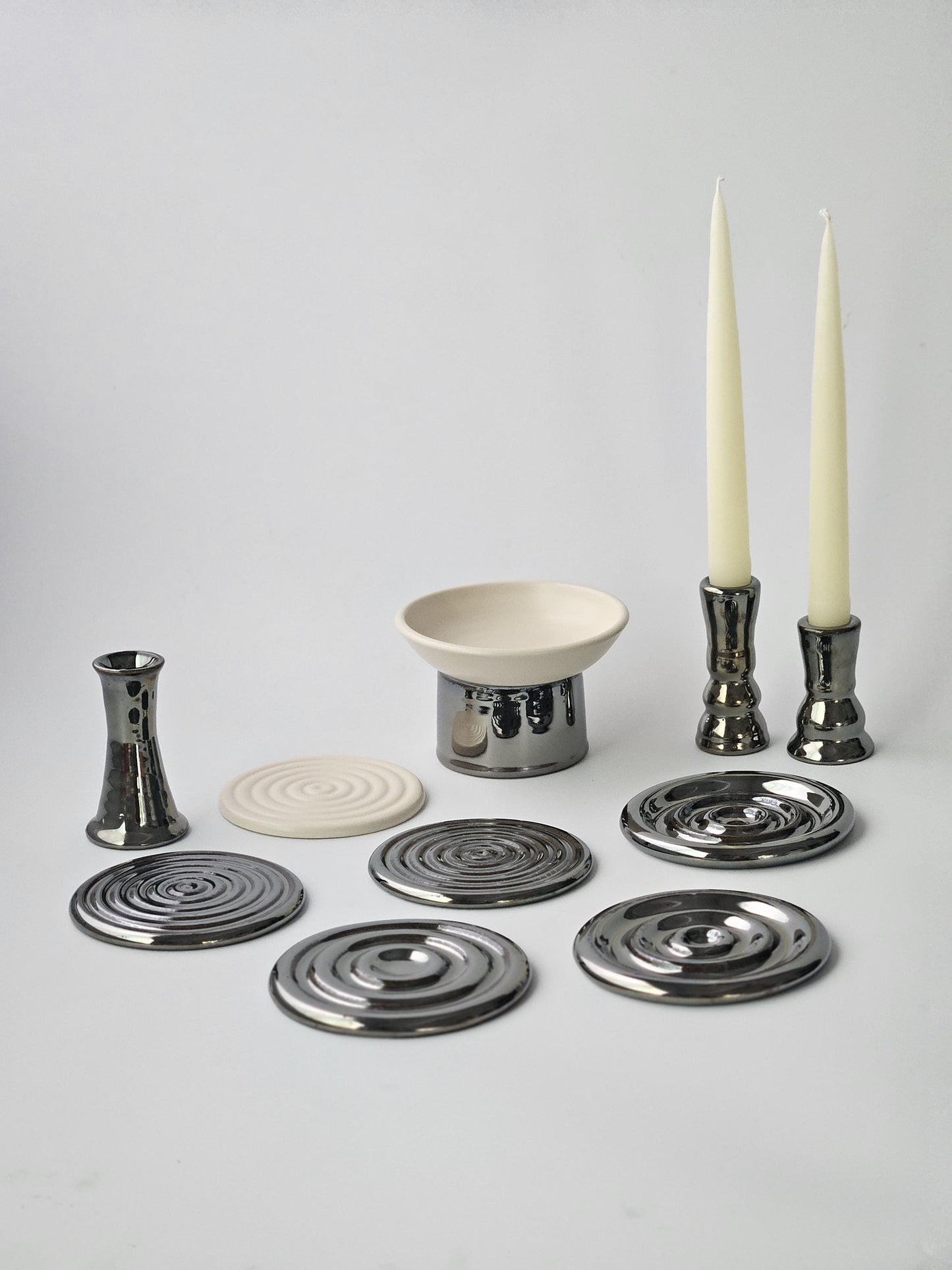 Handmade Ceramic Spiral Coaster: Chrome Cream Jewelry Tray