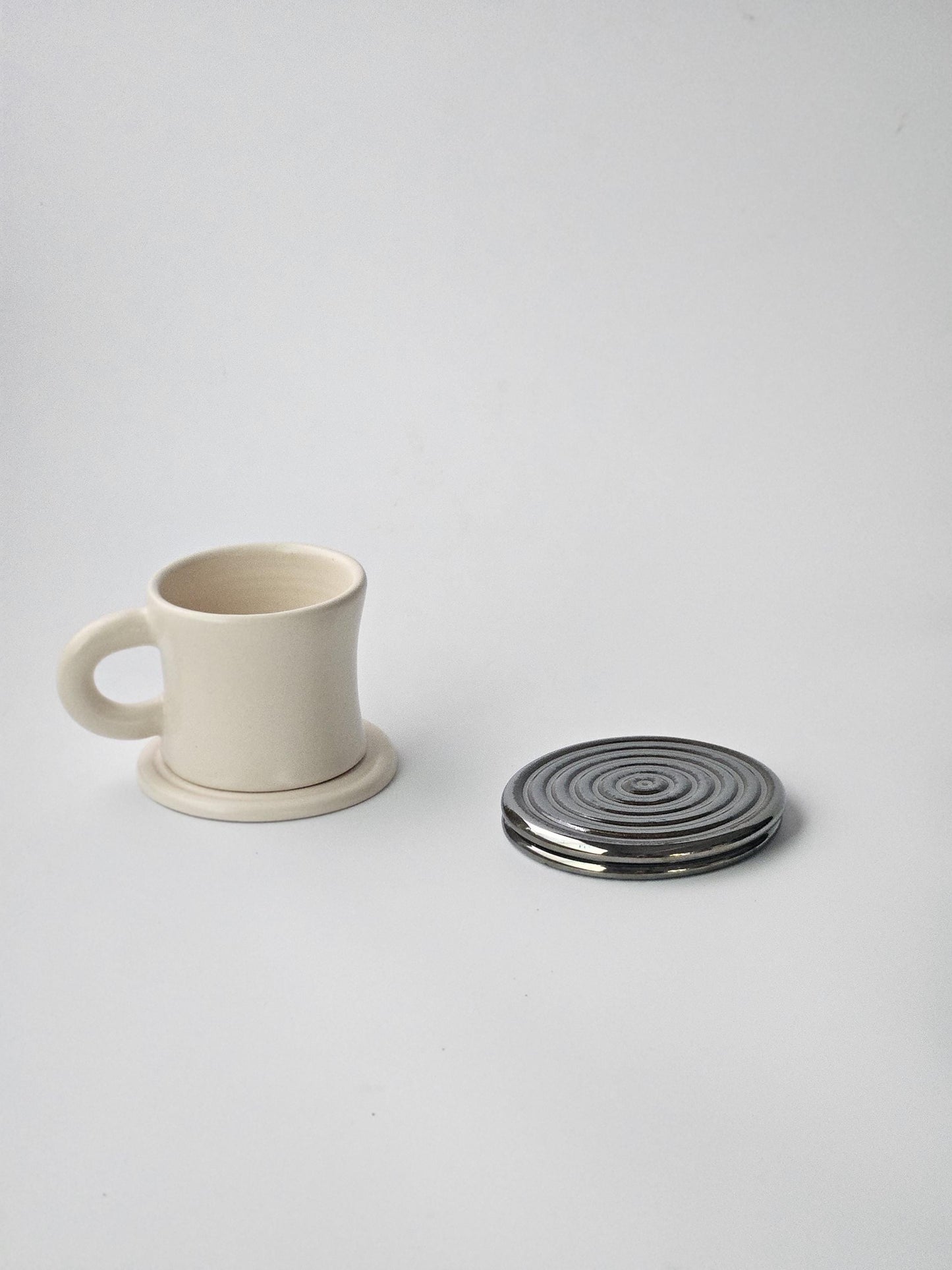 Handmade Ceramic Spiral Coaster: Chrome Cream Jewelry Tray