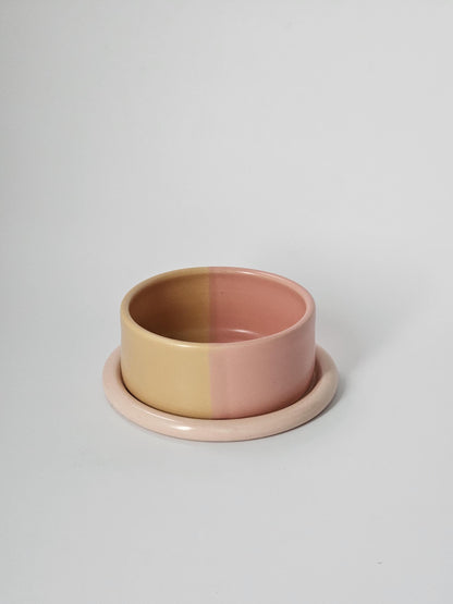 Two-Tone Ceramic Pet Bowl: Handmade Color Block Cat/Dog Dish
