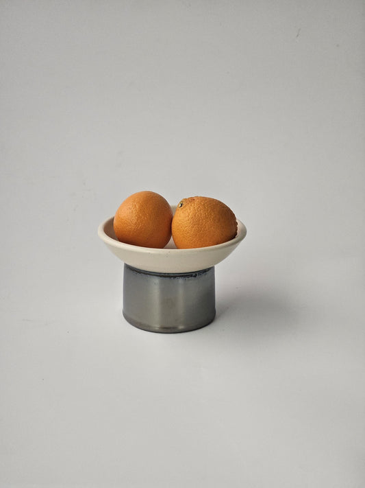 Handmade Ceramic Pedestal Dish: Chrome & Cream Footed Bowl