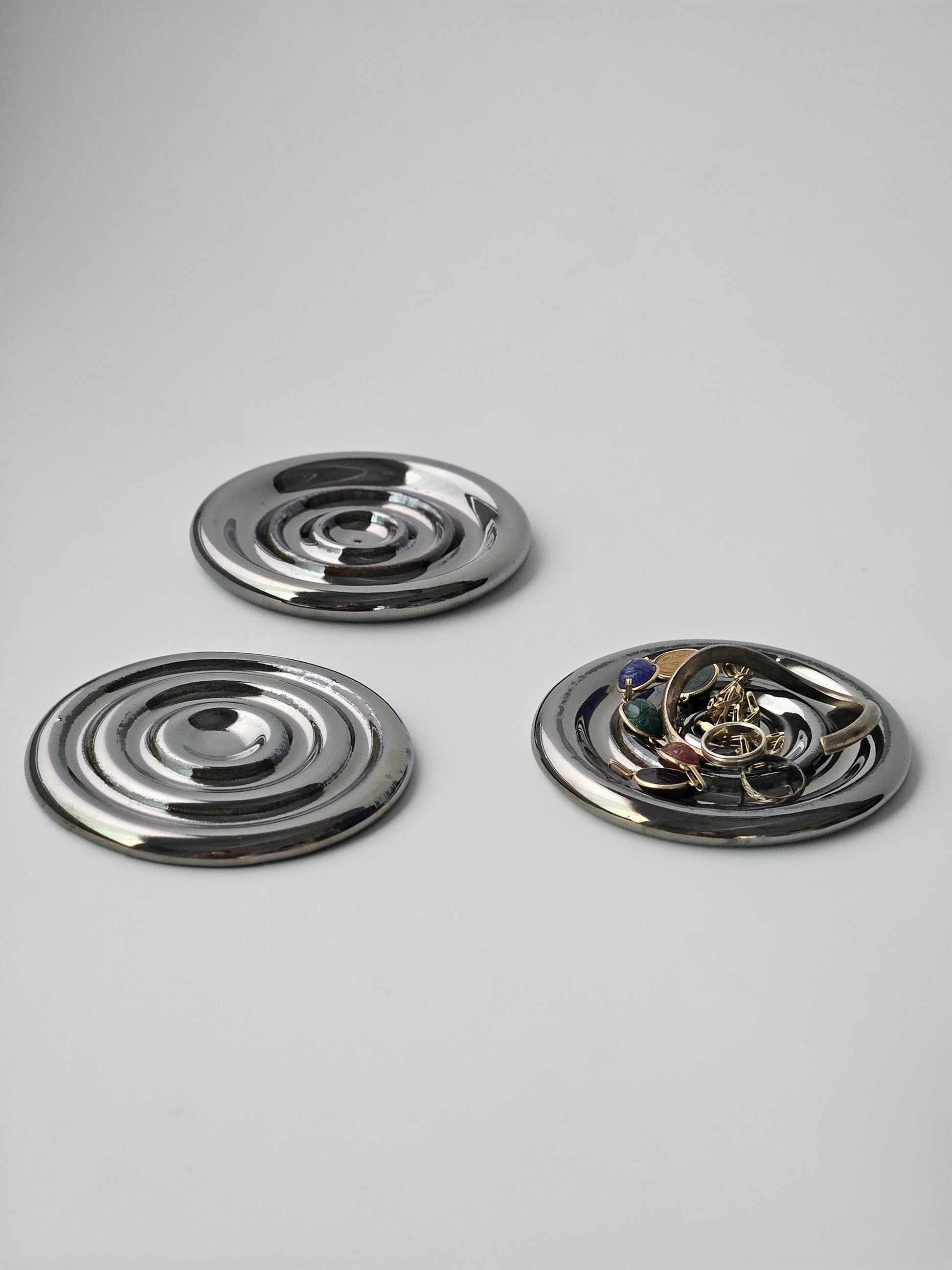 Handmade Ceramic Spiral Coaster: Chrome Cream Jewelry Tray