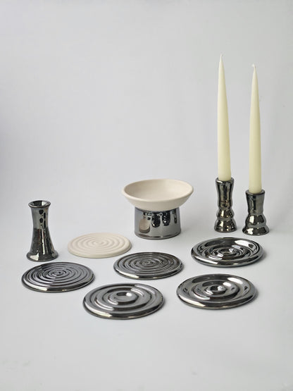 Handmade Ceramic Spiral Coaster: Chrome Cream Jewelry Tray