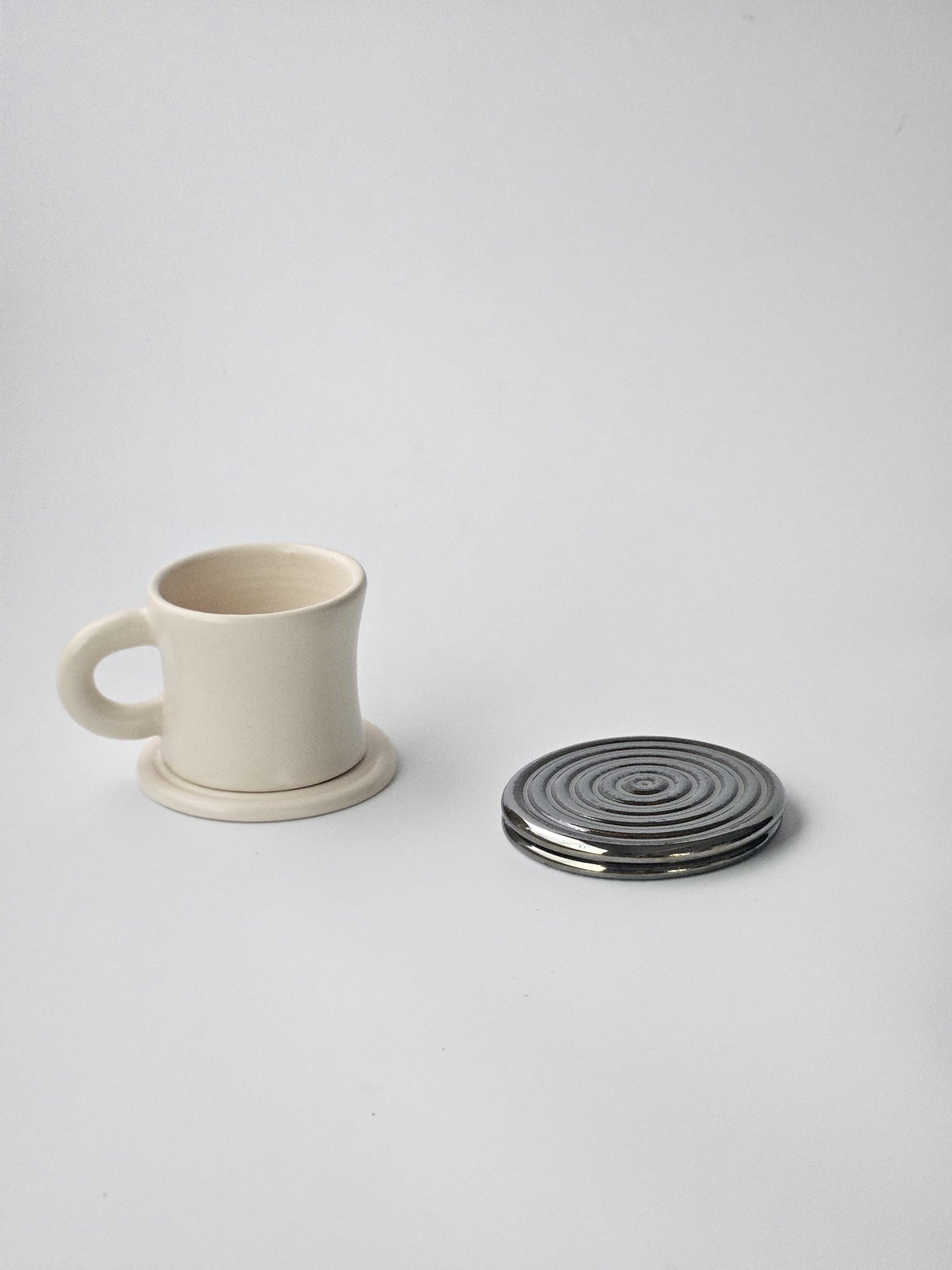 Handmade Ceramic Spiral Coaster: Chrome Cream Jewelry Tray