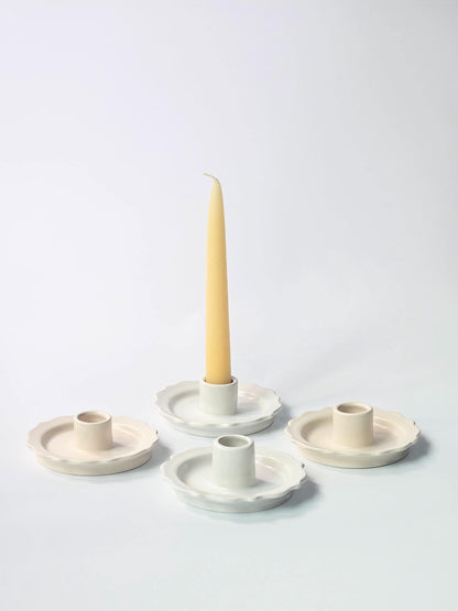 Handmade Ceramic Scalloped White Taper Candle Holder Vintage Inspired