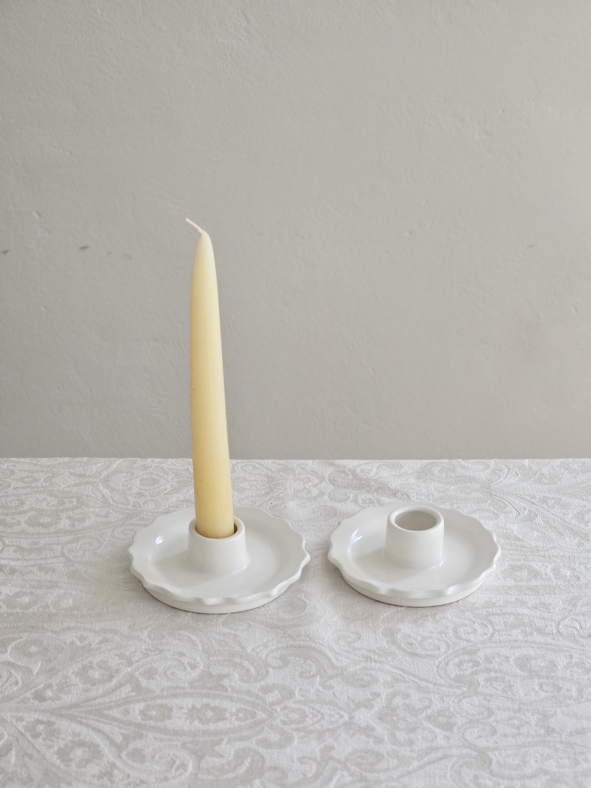 Handmade Ceramic Scalloped White Taper Candle Holder Vintage Inspired