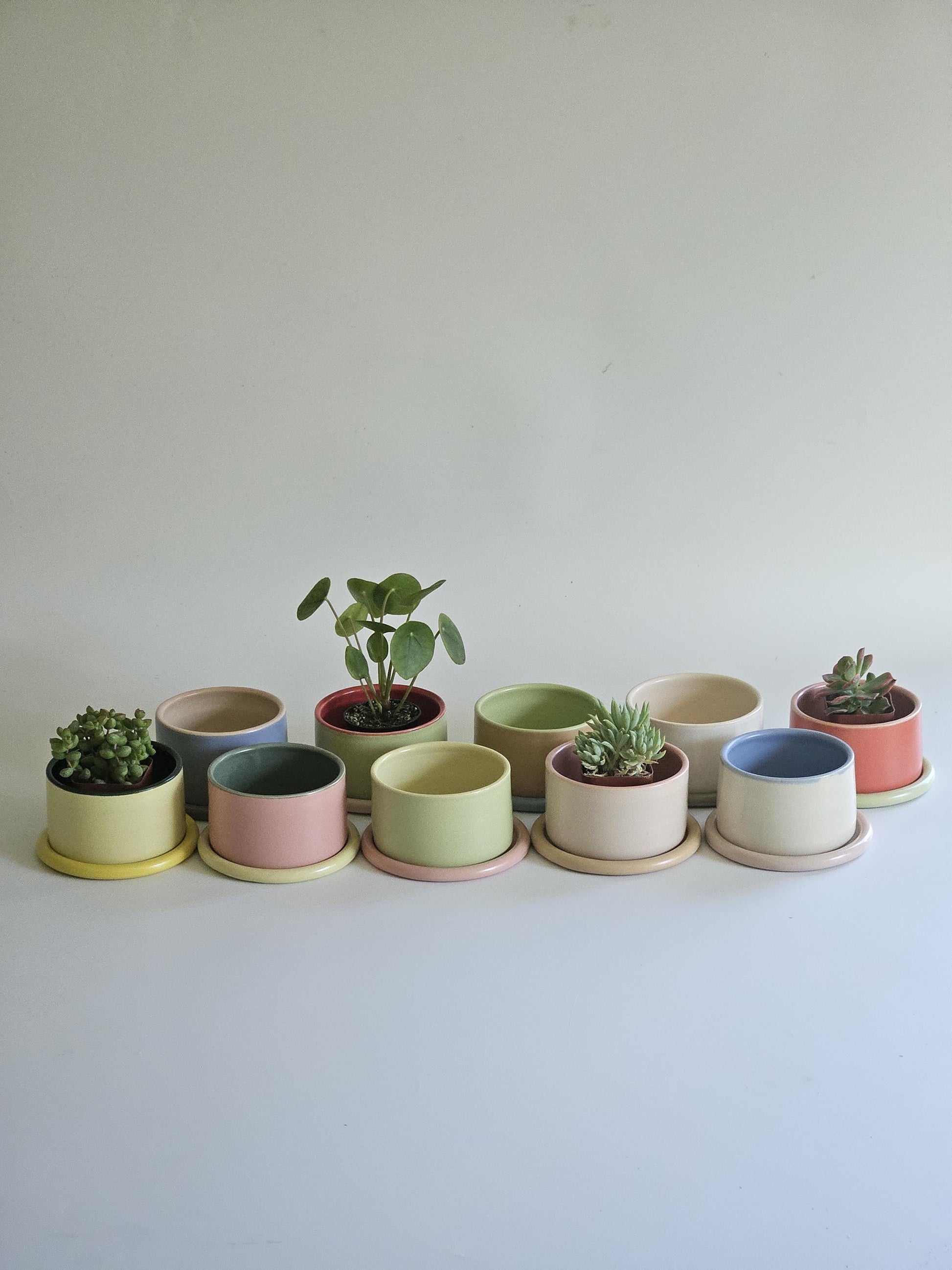Handmade Color Block Pottery Planter with Tray • Three-Toned Ceramic Drainage Pot