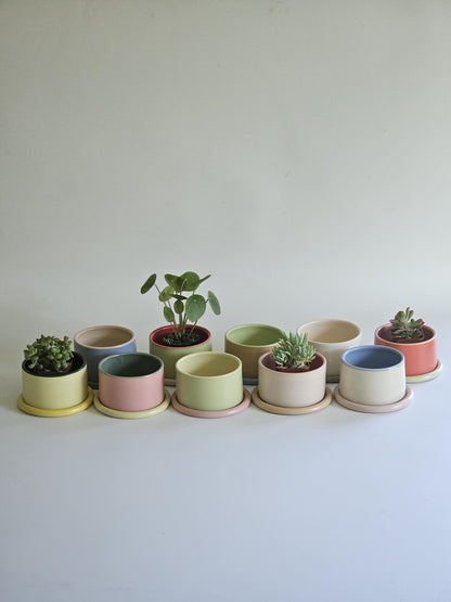 Handmade Color Block Pottery Planter with Tray • Three-Toned Ceramic Drainage Pot