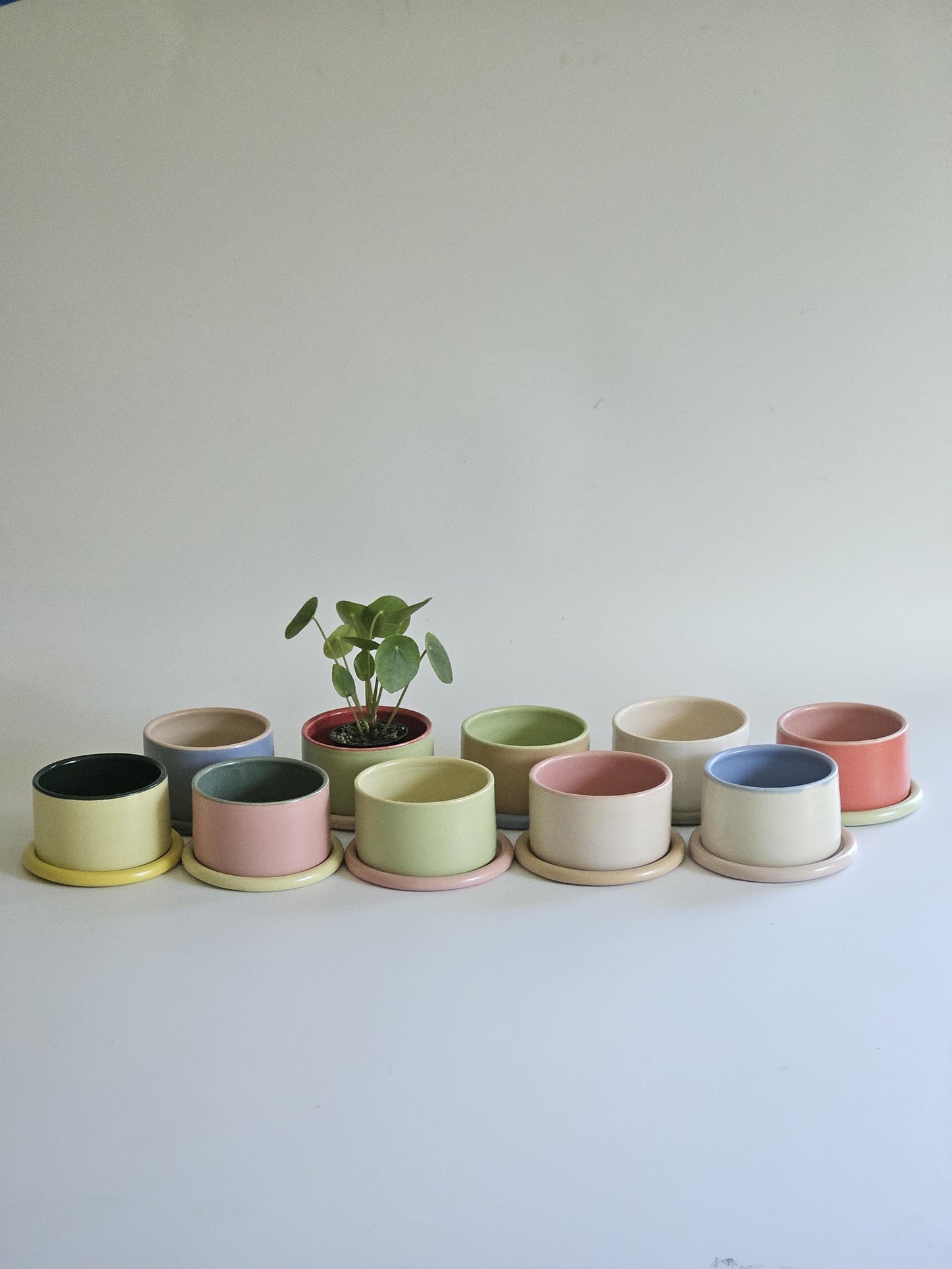 Handmade Color Block Pottery Planter with Tray • Three-Toned Ceramic Drainage Pot