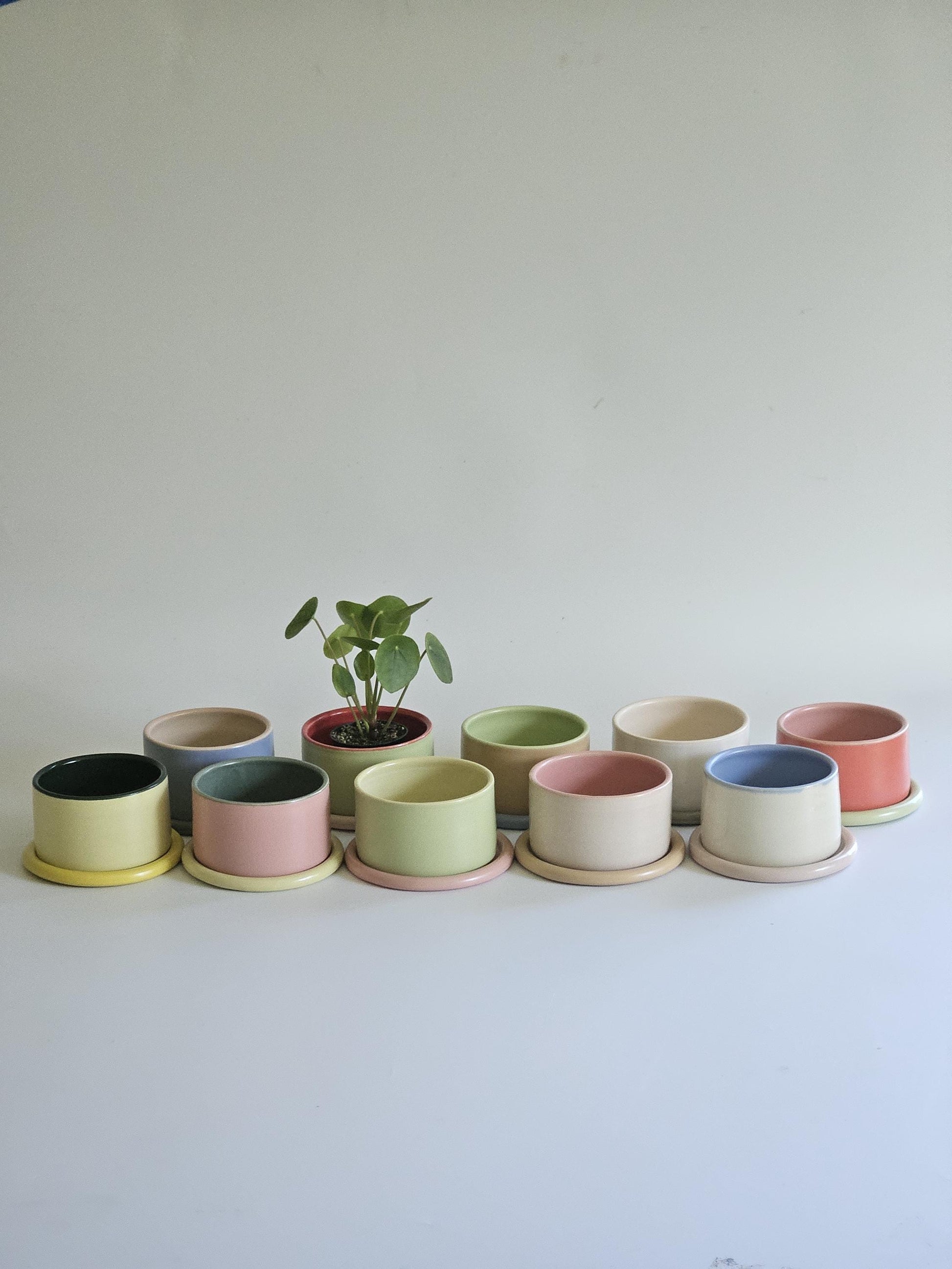 Handmade Color Block Pottery Planter with Tray • Three-Toned Ceramic Drainage Pot
