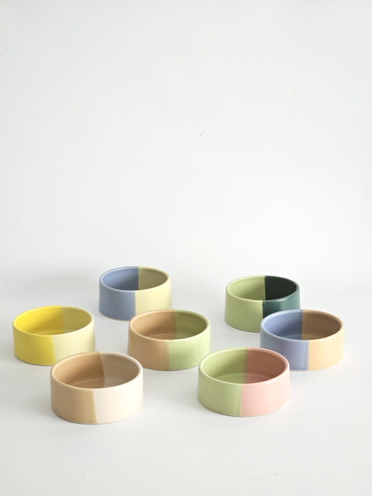 Two-Tone Ceramic Pet Bowl: Handmade Color Block Cat/Dog Dish (Ready to Ship)
