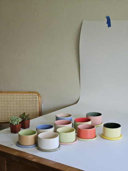 Handmade Color Block Pottery Planter with Tray • Three-Toned Ceramic Drainage Pot