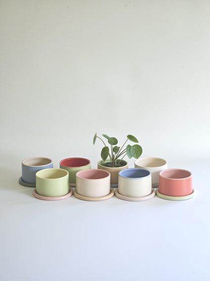 Handmade Color Block Pottery Planter with Tray • Three-Toned Ceramic Drainage Pot