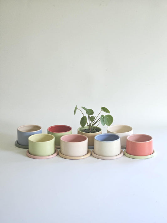 Handmade Color Block Pottery Planter with Tray • Three-Toned Ceramic Drainage Pot