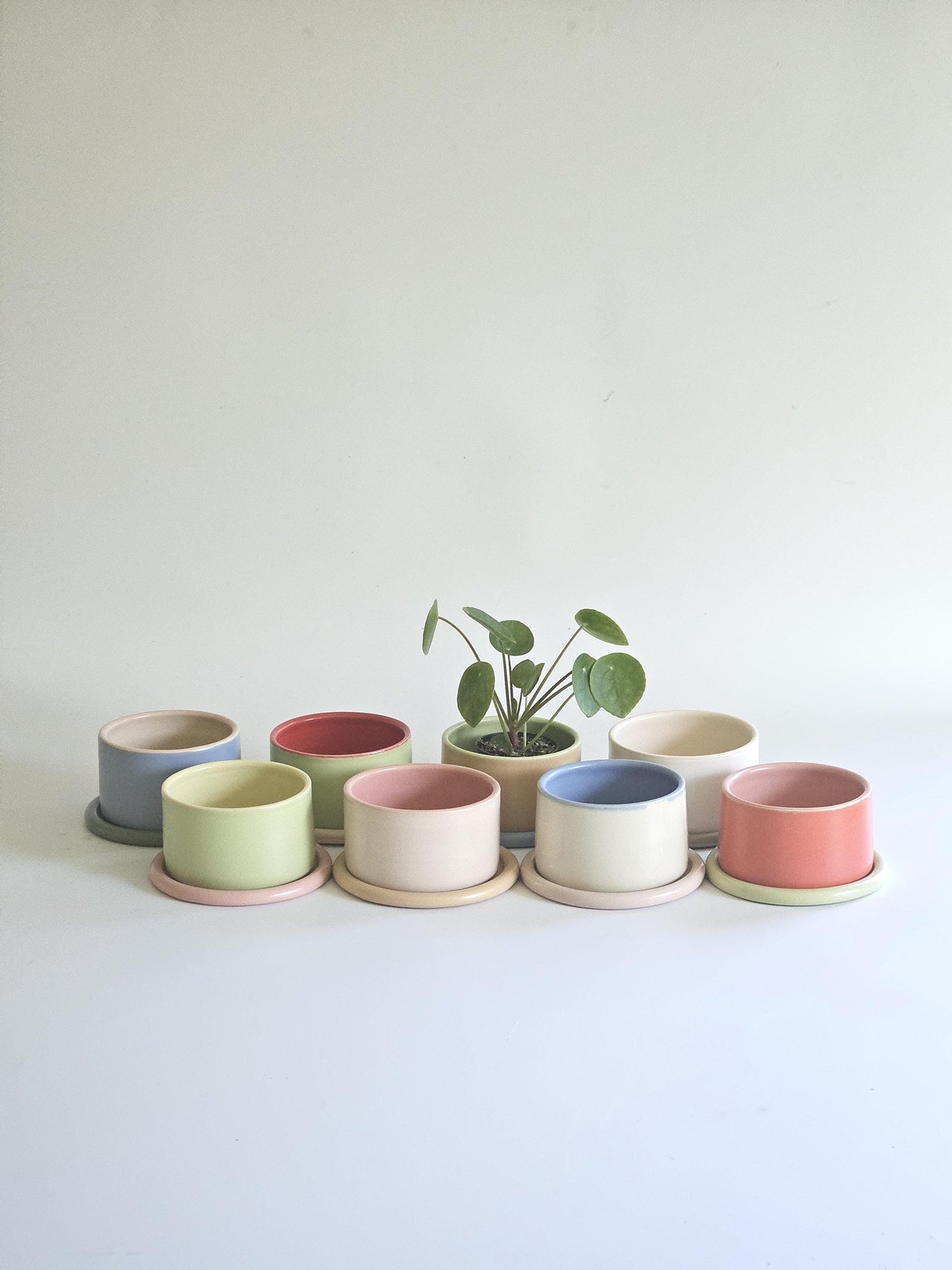 Handmade Color Block Pottery Planter with Tray • Three-Toned Ceramic Drainage Pot