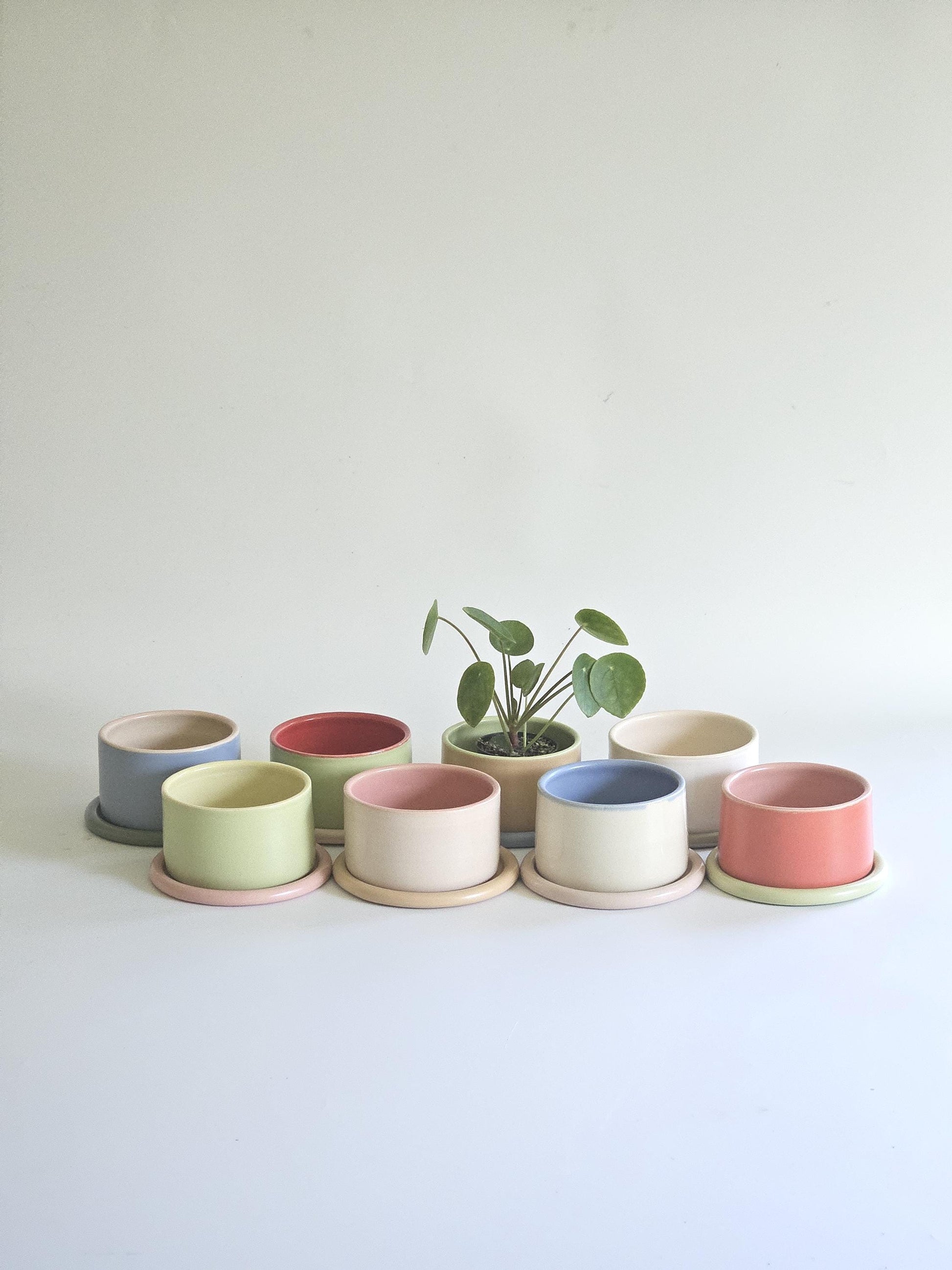 Handmade Color Block Pottery Planter with Tray • Three-Toned Ceramic Drainage Pot