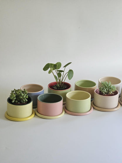 Handmade Color Block Pottery Planter with Tray • Three-Toned Ceramic Drainage Pot
