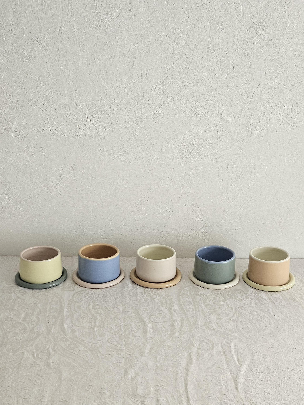Handmade Color Block Pottery Planter with Tray • Three-Toned Ceramic Drainage Pot