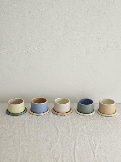 Handmade Color Block Pottery Planter with Tray • Three-Toned Ceramic Drainage Pot