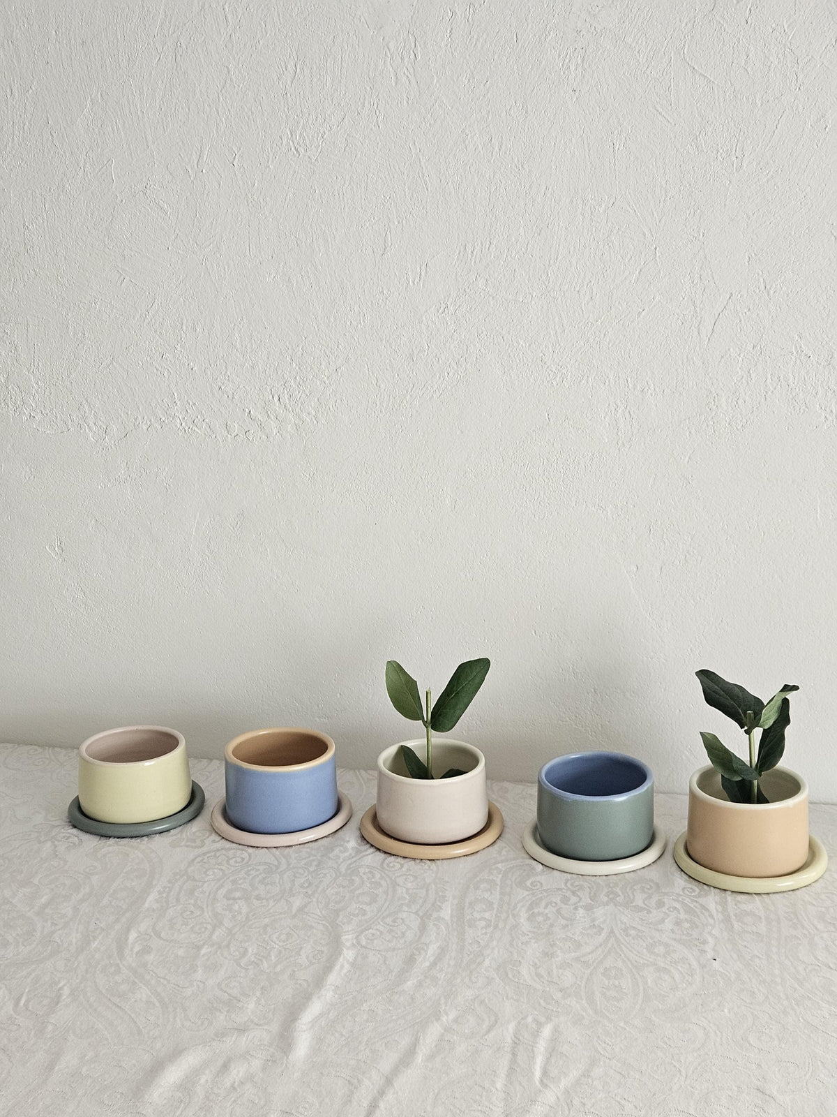 Handmade Color Block Pottery Planter with Tray • Three-Toned Ceramic Drainage Pot
