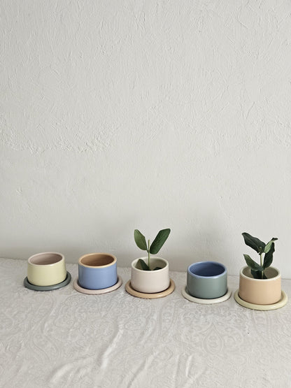 Handmade Color Block Pottery Planter with Tray • Three-Toned Ceramic Drainage Pot
