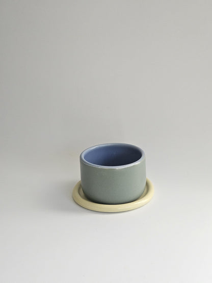 Handmade Color Block Pottery Planter with Tray • Three-Toned Ceramic Drainage Pot