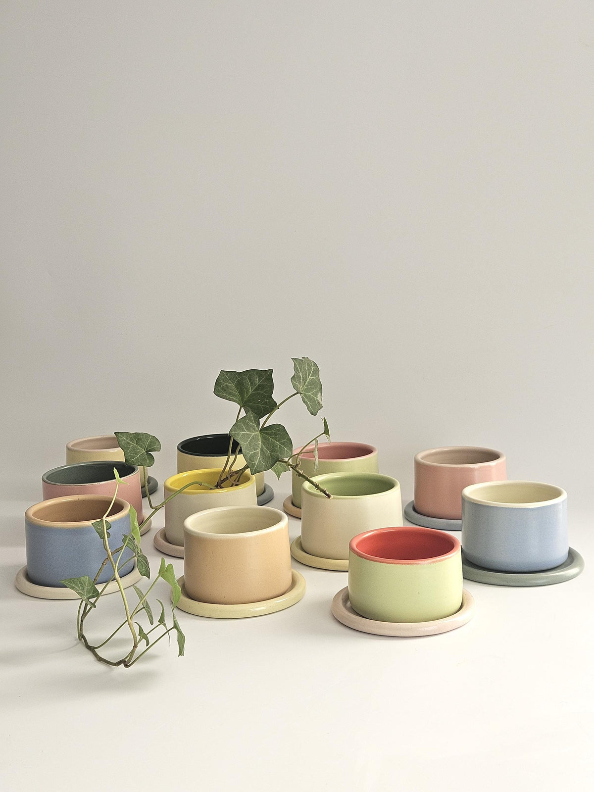 Handmade Color Block Pottery Planter with Tray • Three-Toned Ceramic Drainage Pot
