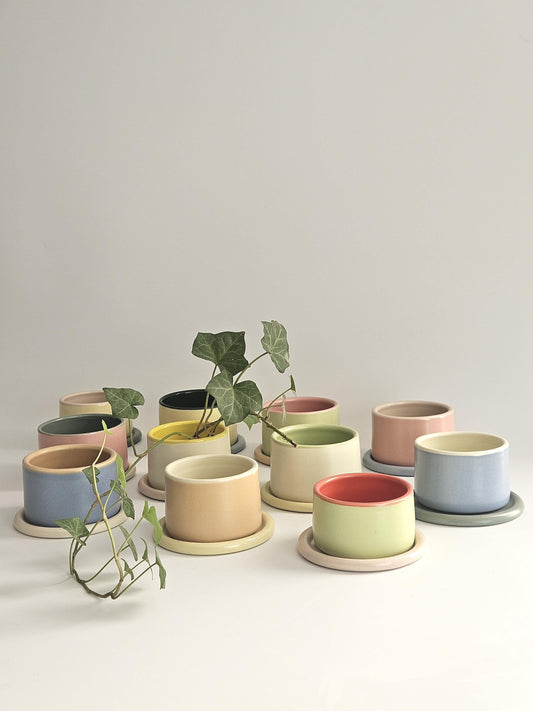Handmade Color Block Pottery Planter with Tray • Three-Toned Ceramic Drainage Pot