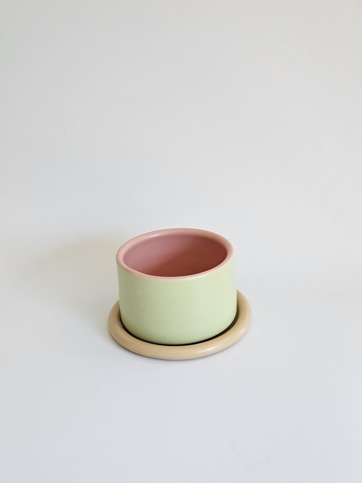 Handmade Color Block Pottery Planter with Tray • Three-Toned Ceramic Drainage Pot