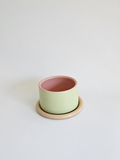 Handmade Color Block Pottery Planter with Tray • Three-Toned Ceramic Drainage Pot