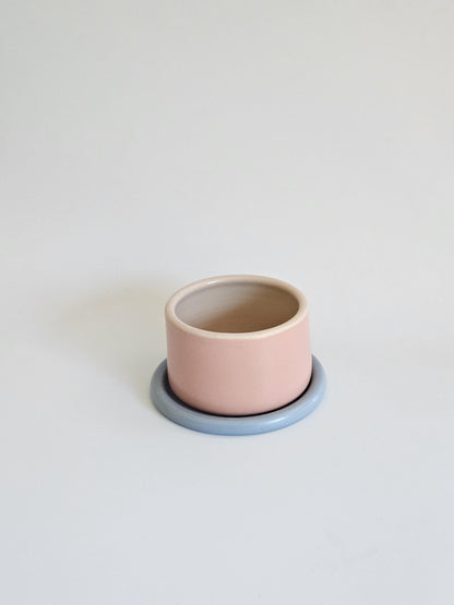 Handmade Color Block Pottery Planter with Tray • Three-Toned Ceramic Drainage Pot
