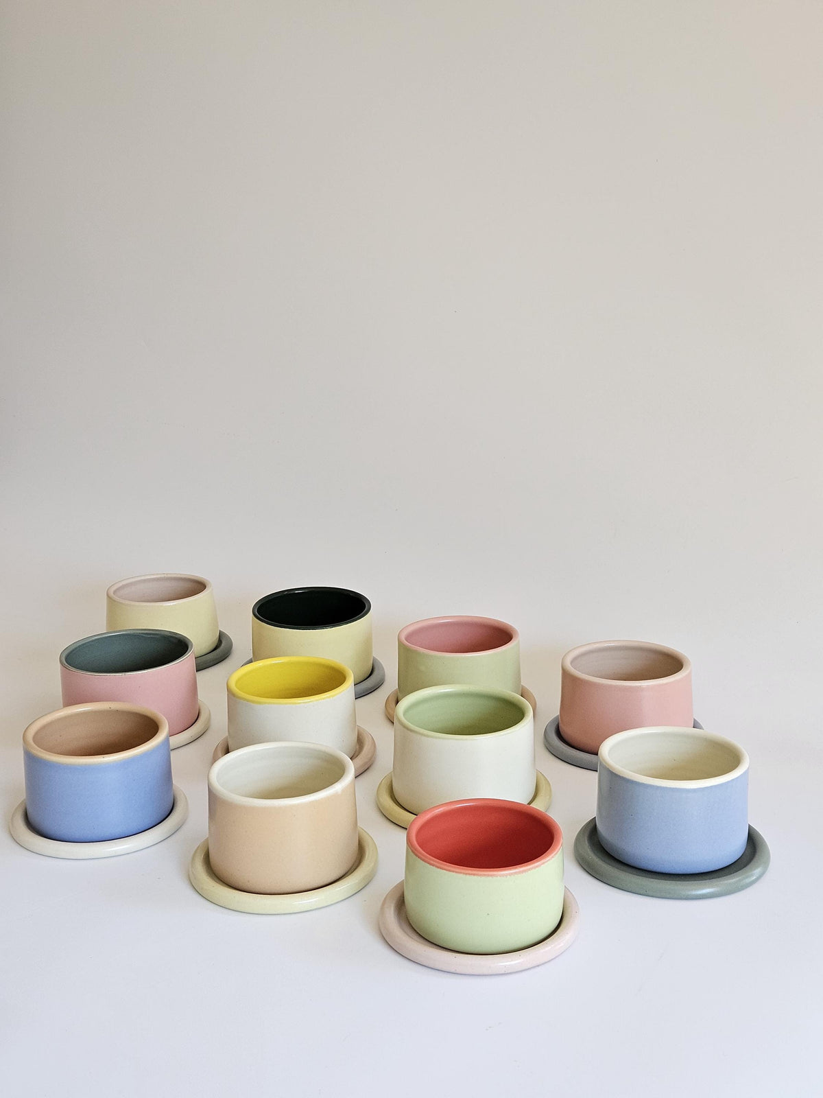 Handmade Color Block Pottery Planter with Tray • Three-Toned Ceramic Drainage Pot