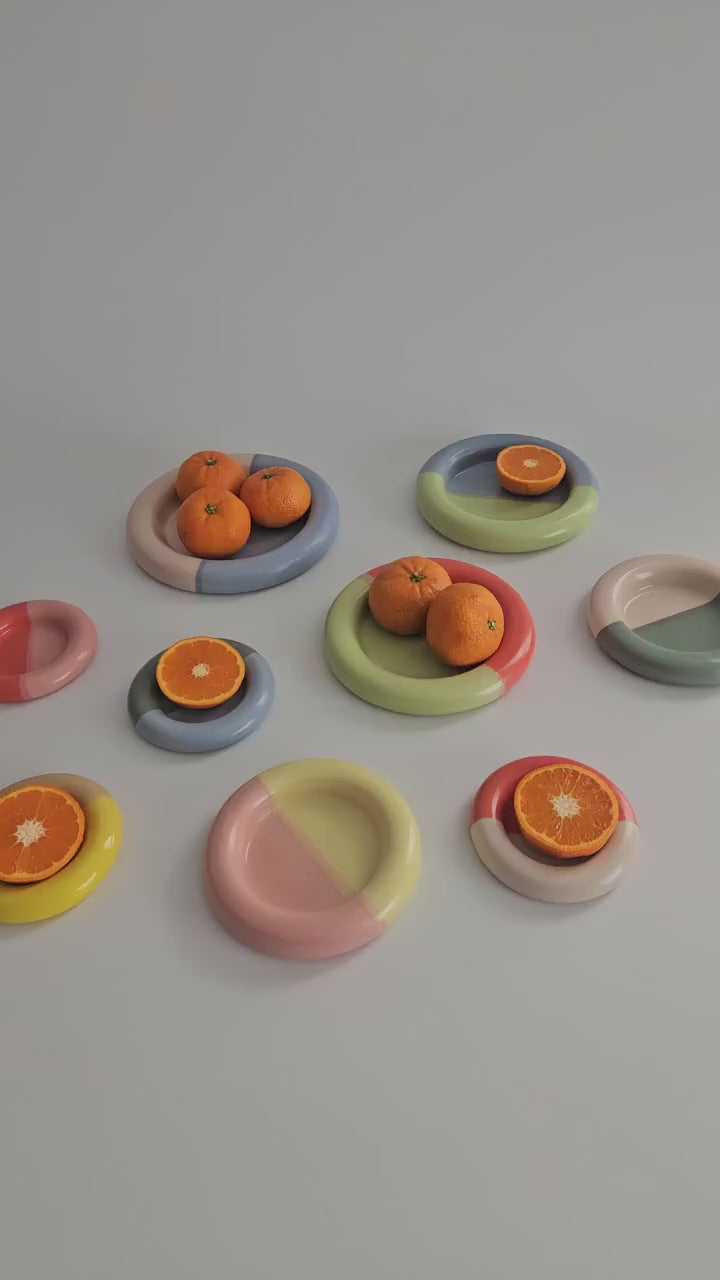 Handmade Color Block Ceramic Donut Dish: Half & Half Chunky Bubble Plate, Ring and Jewelry Holder